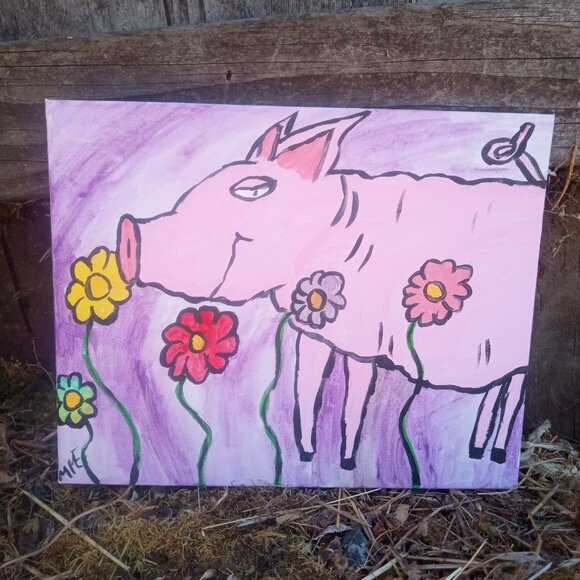 Pig In Flowers Folk Art Painting - Picture 10 of 15
